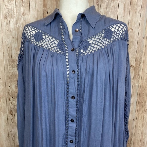 Free People Katie Bird Lace Crochet Inset Long Sleeve Boho Button Front Shirt - Picture 6 of 10